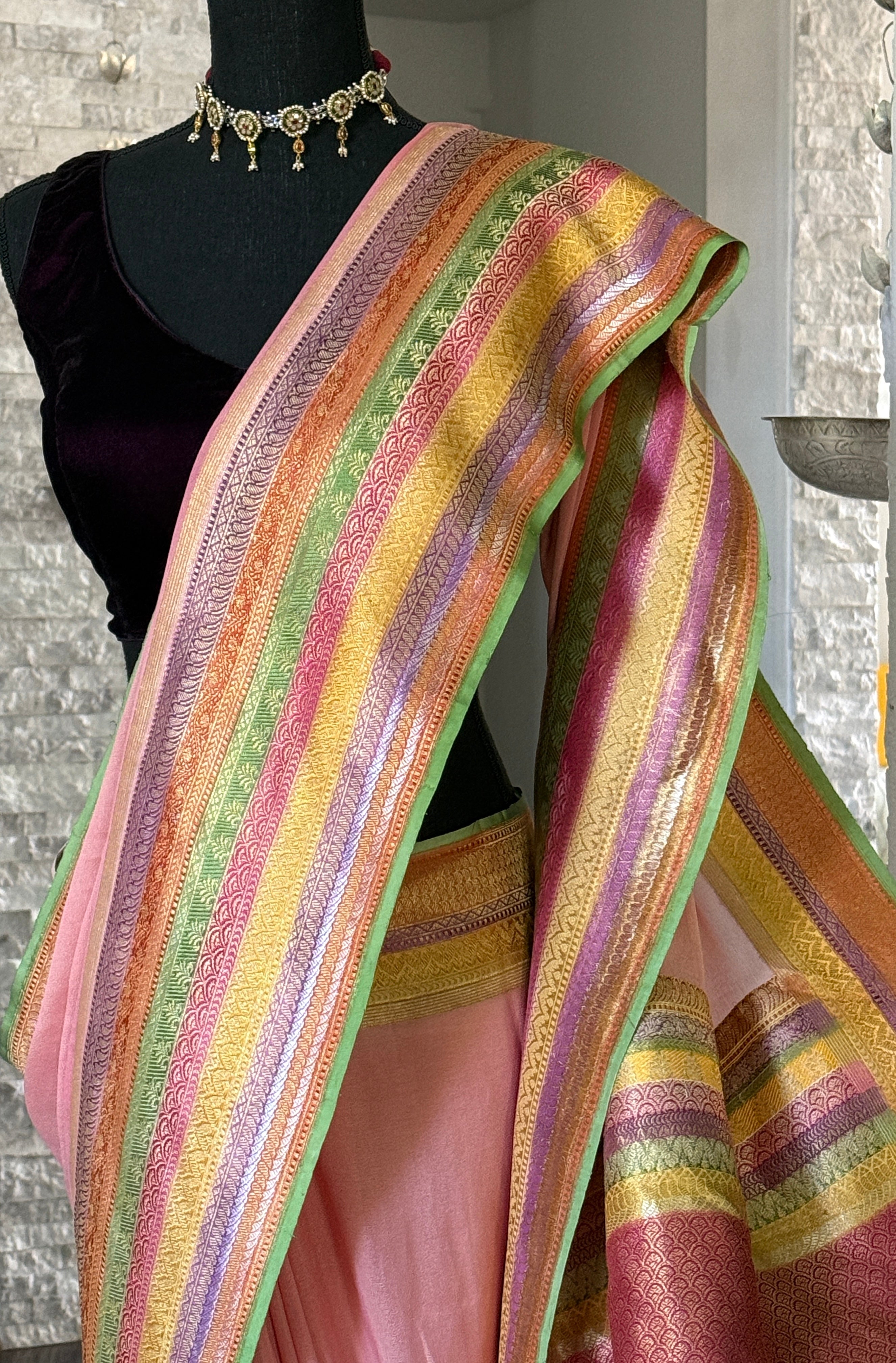 Khaddi Georgette Banarasi - Pink Multi color Hand Brushed