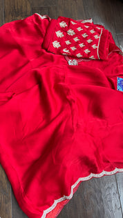 Designer Satin Silk - Red Stone Border