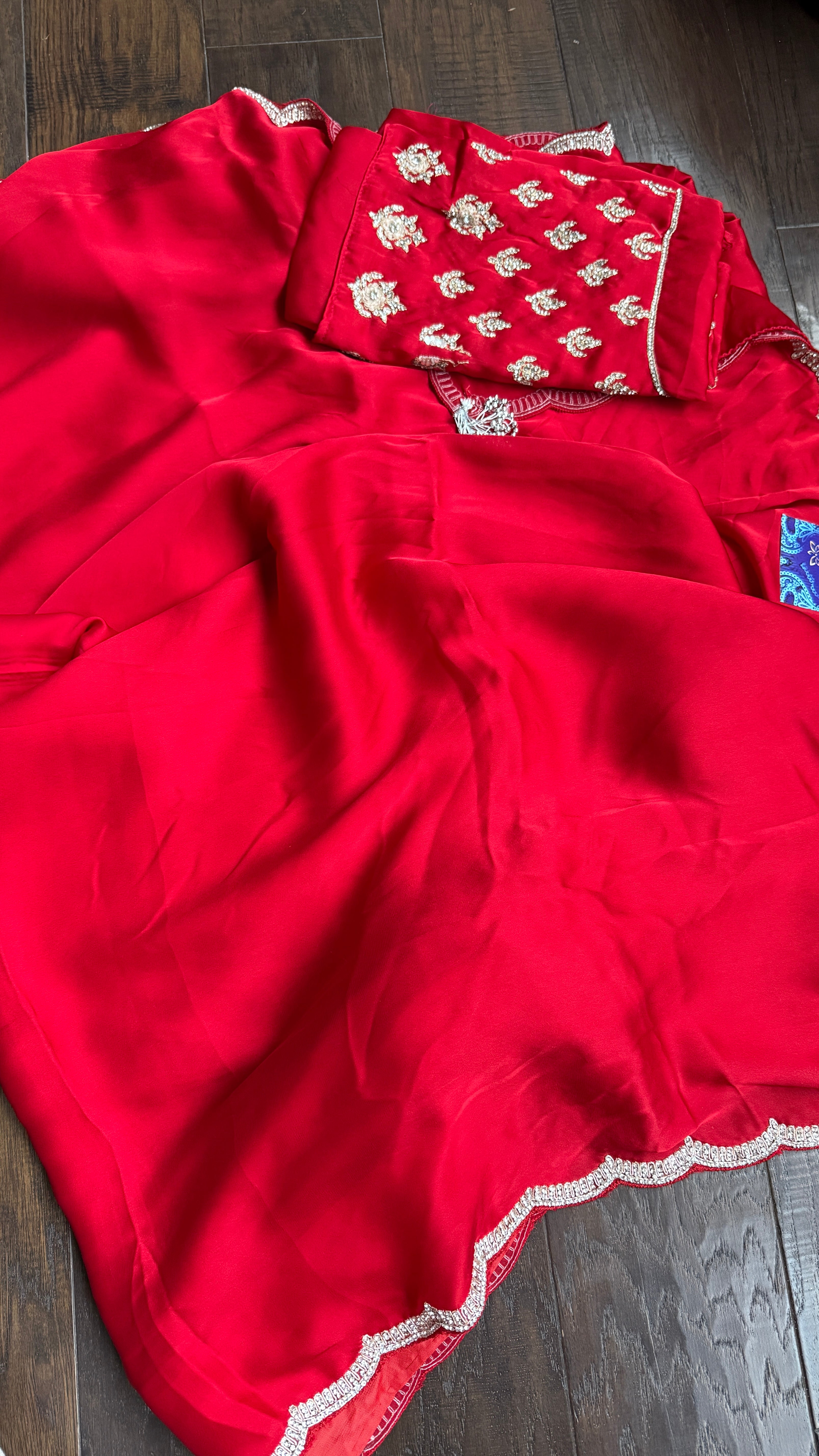 Designer Satin Silk - Red Stone Border