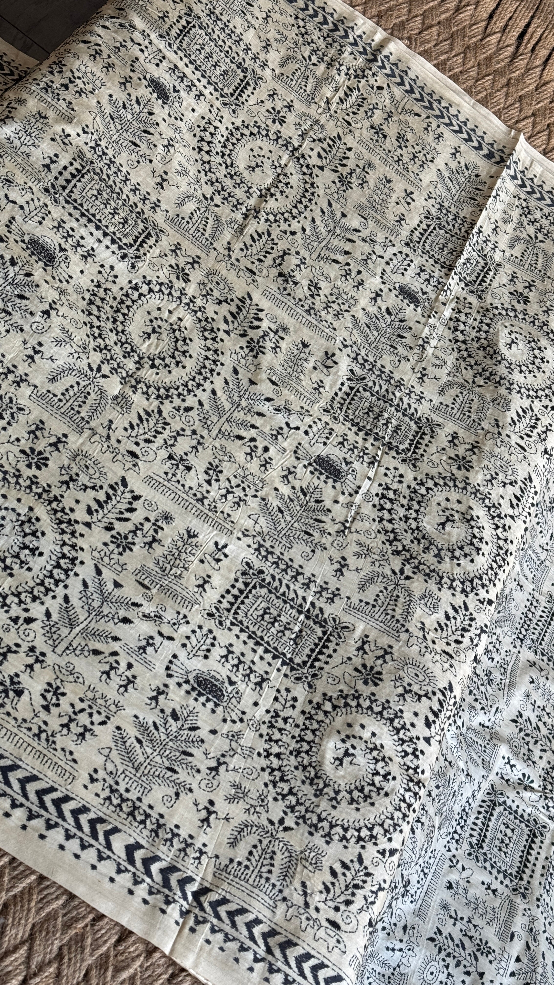 Pure Tussar Silk Kantha Stitch -  Beige Worli Art