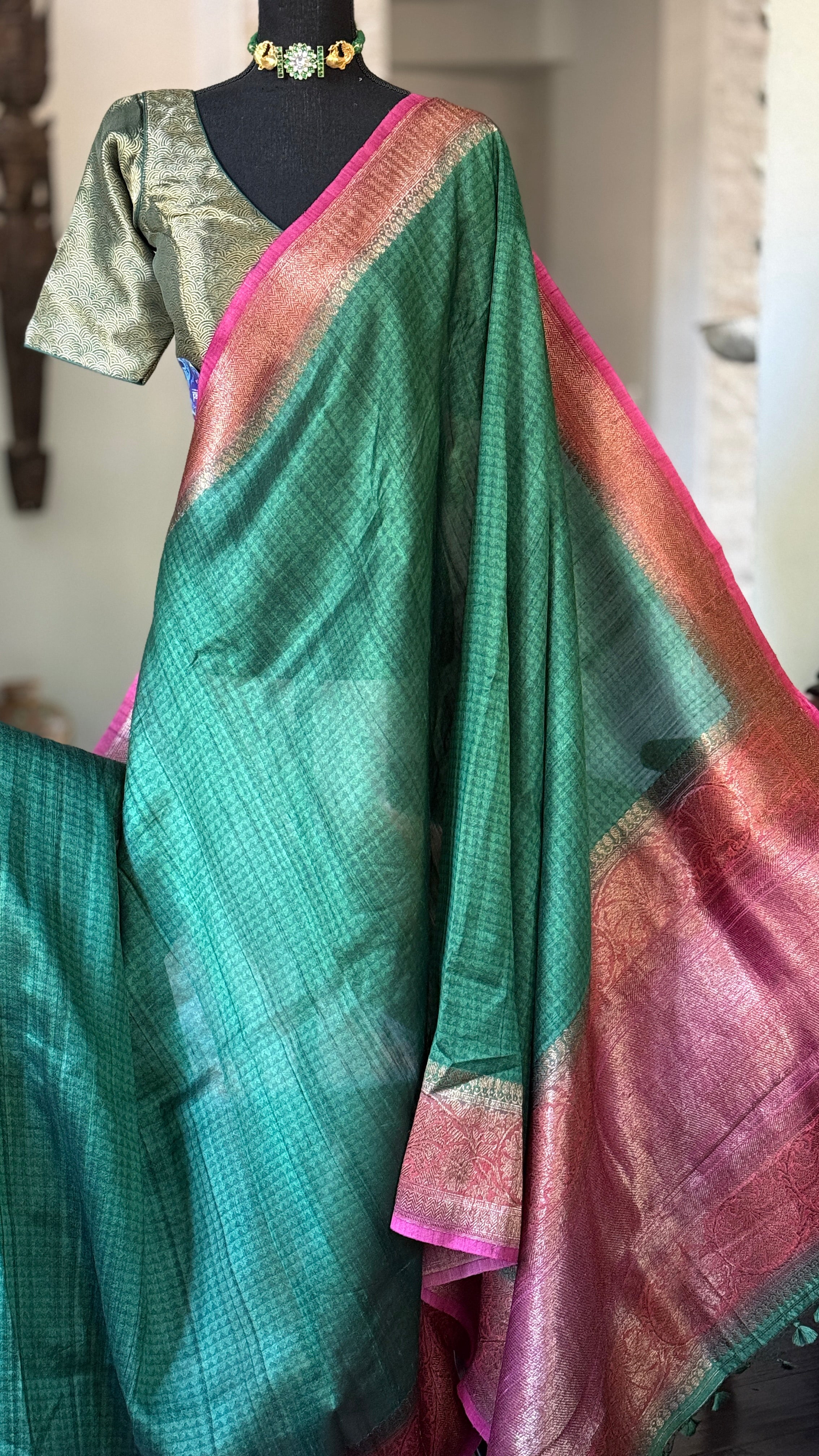 Pure Tussar Silk Banarasi - Green Pink