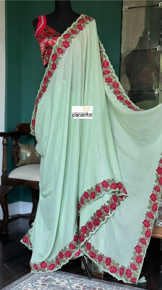 Designer Pure Georgette Hand Embroidered - Mint