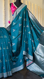 Soft Silk Banaras Saree - Teal Blue Meenakari