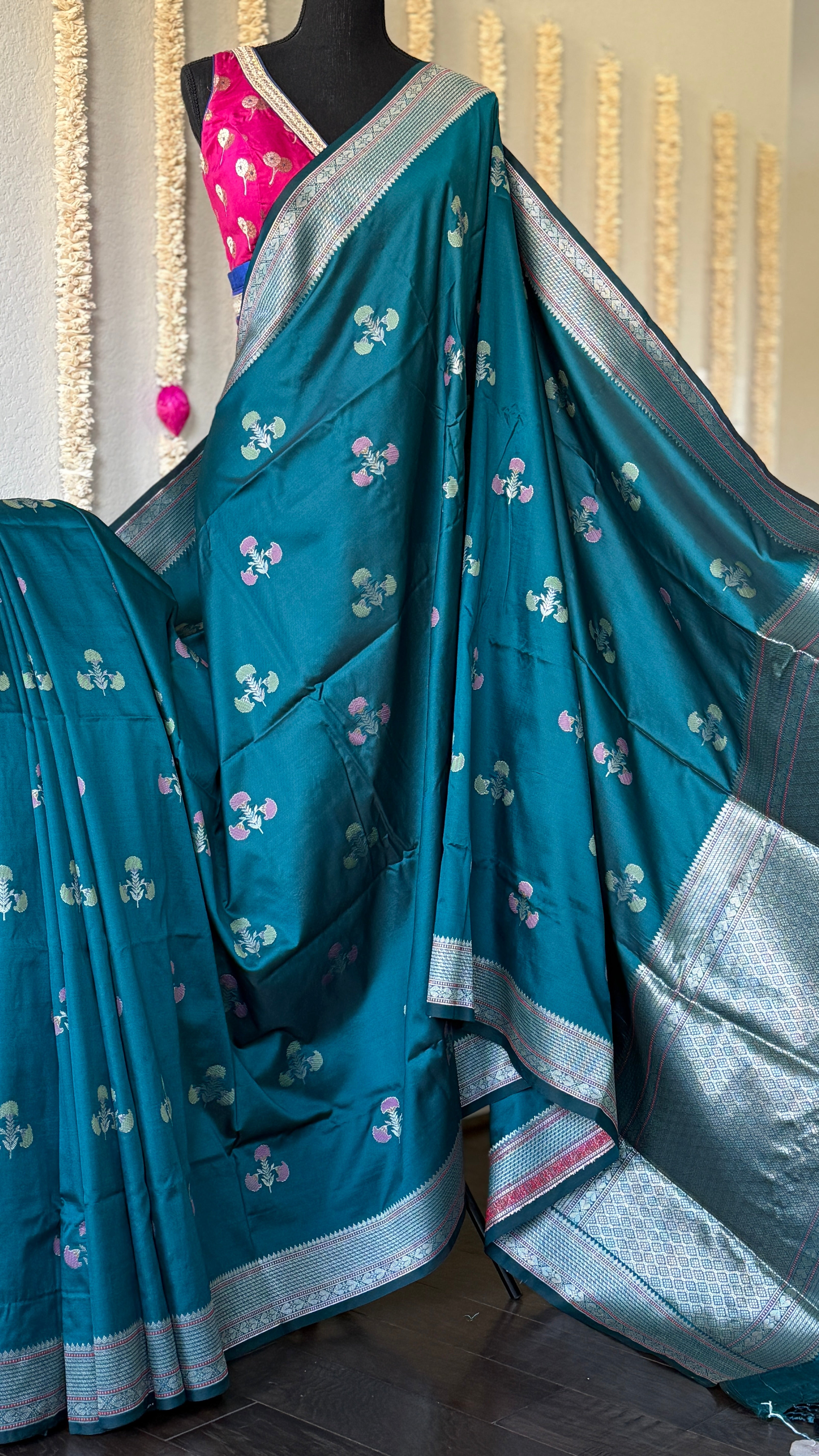 Soft Silk Banaras Saree - Teal Blue Meenakari
