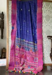 Pure Tussar Silk Lambani - Blue Pink Hand Embroidered