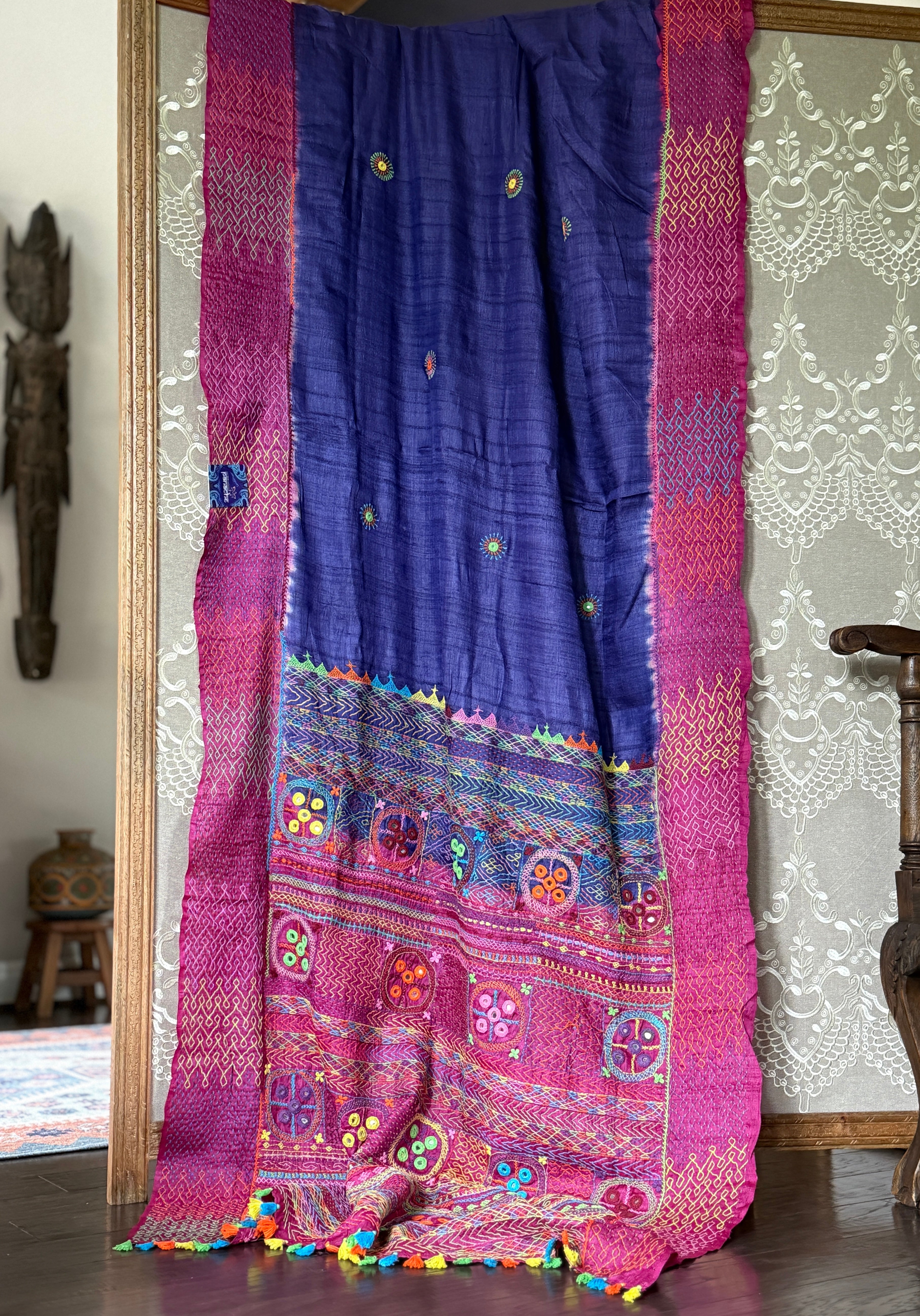 Pure Tussar Silk Lambani - Blue Pink Hand Embroidered