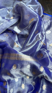 Tissue Organza Silk Banarasi - Blue Metallic Meenakari