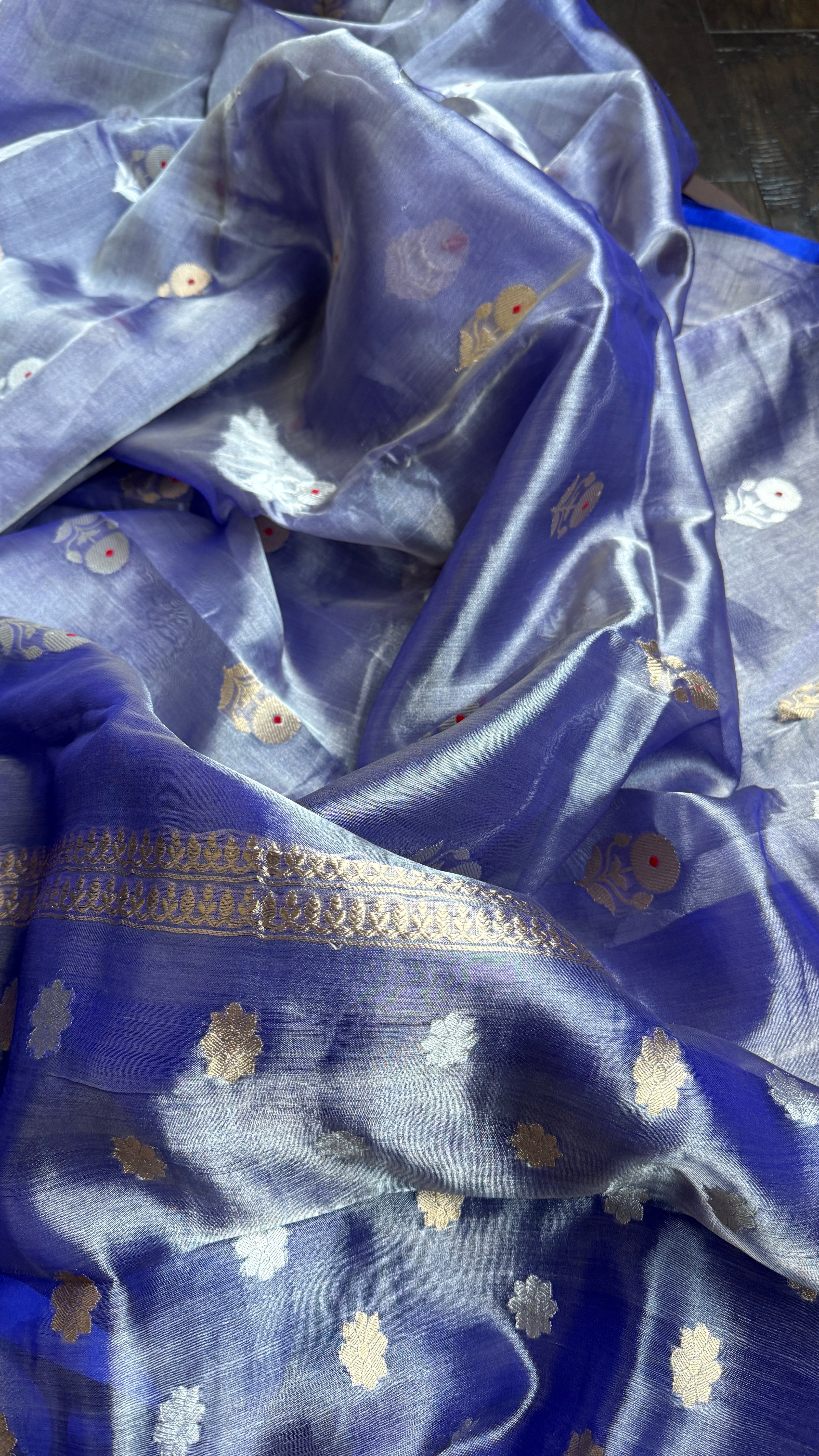 Tissue Organza Silk Banarasi - Blue Metallic Meenakari