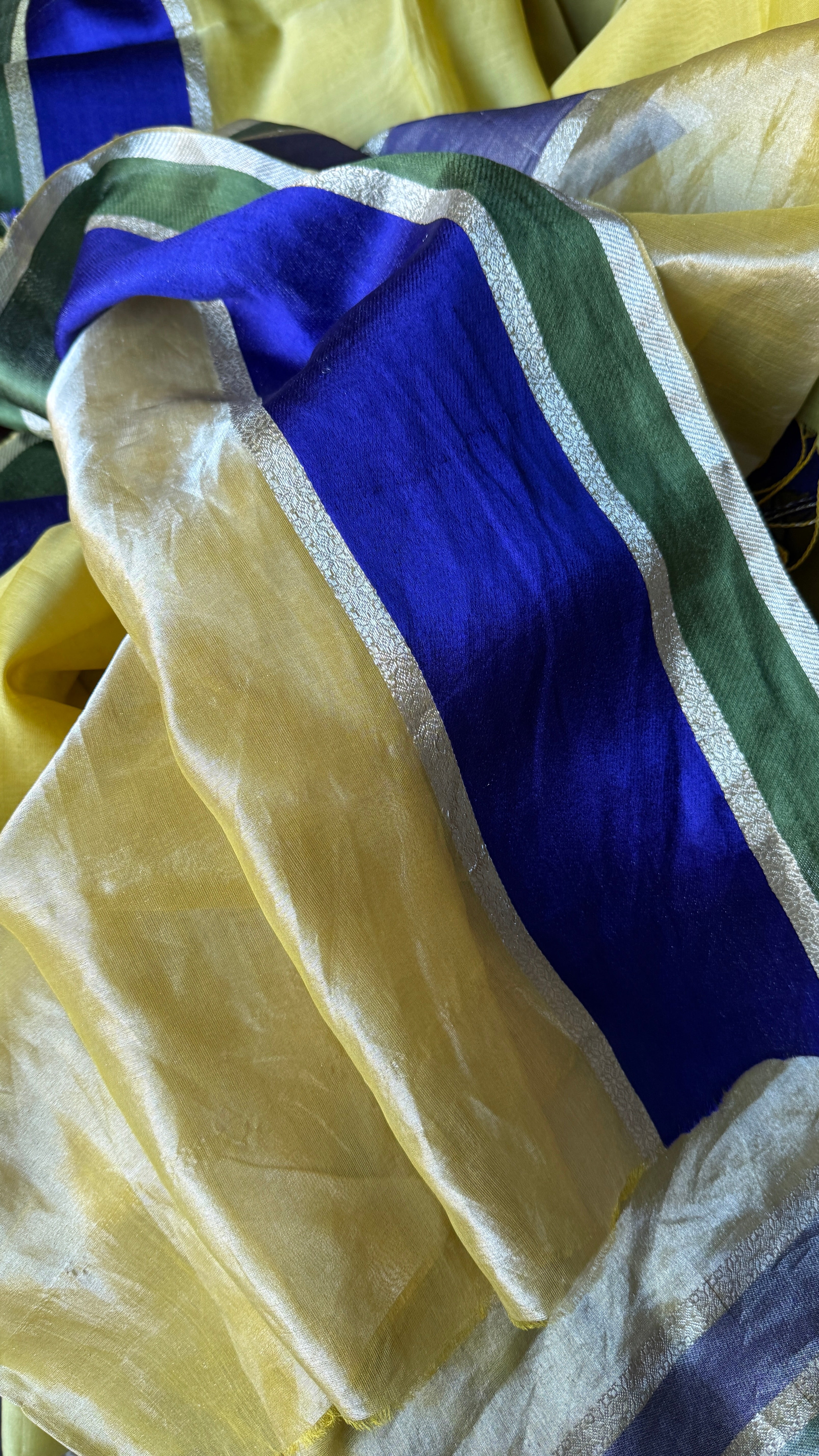 Maheshwari Tissue Silk Satin - Light Lemon Yellow Blue Green