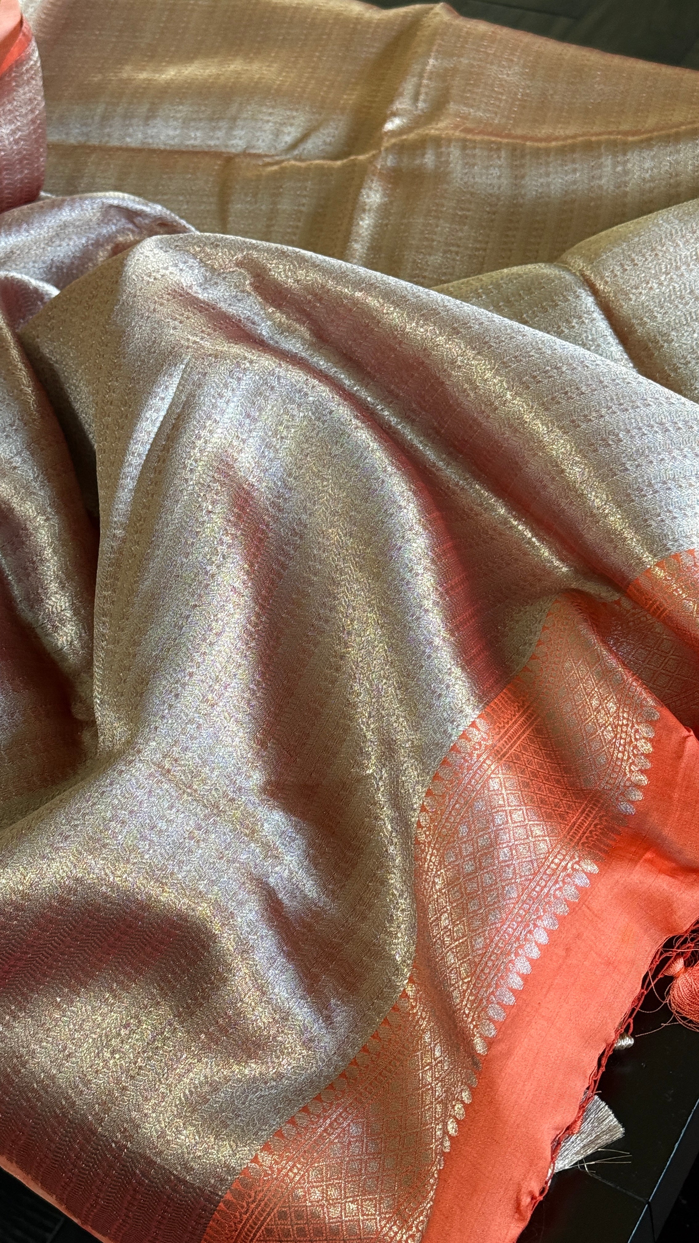 Designer Soft Silk Brocade Banarasi - Peach Pink Golden Tie-Dye