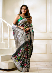 Khaddi Tussar Paithani Banarasi - Black Green Meenakari