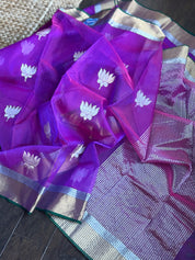 Pure Chanderi Organza Silk - Purple Green Lotus