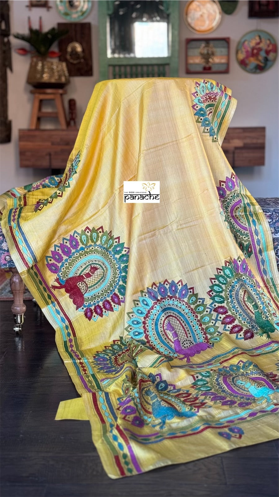 Pure Tussar Silk Kantha Stitch - Yellow