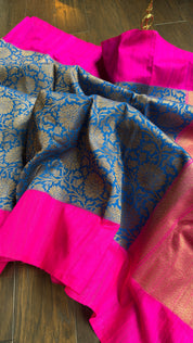 Raw Silk Banarasi - Blue Hot Pink Jaal Weave