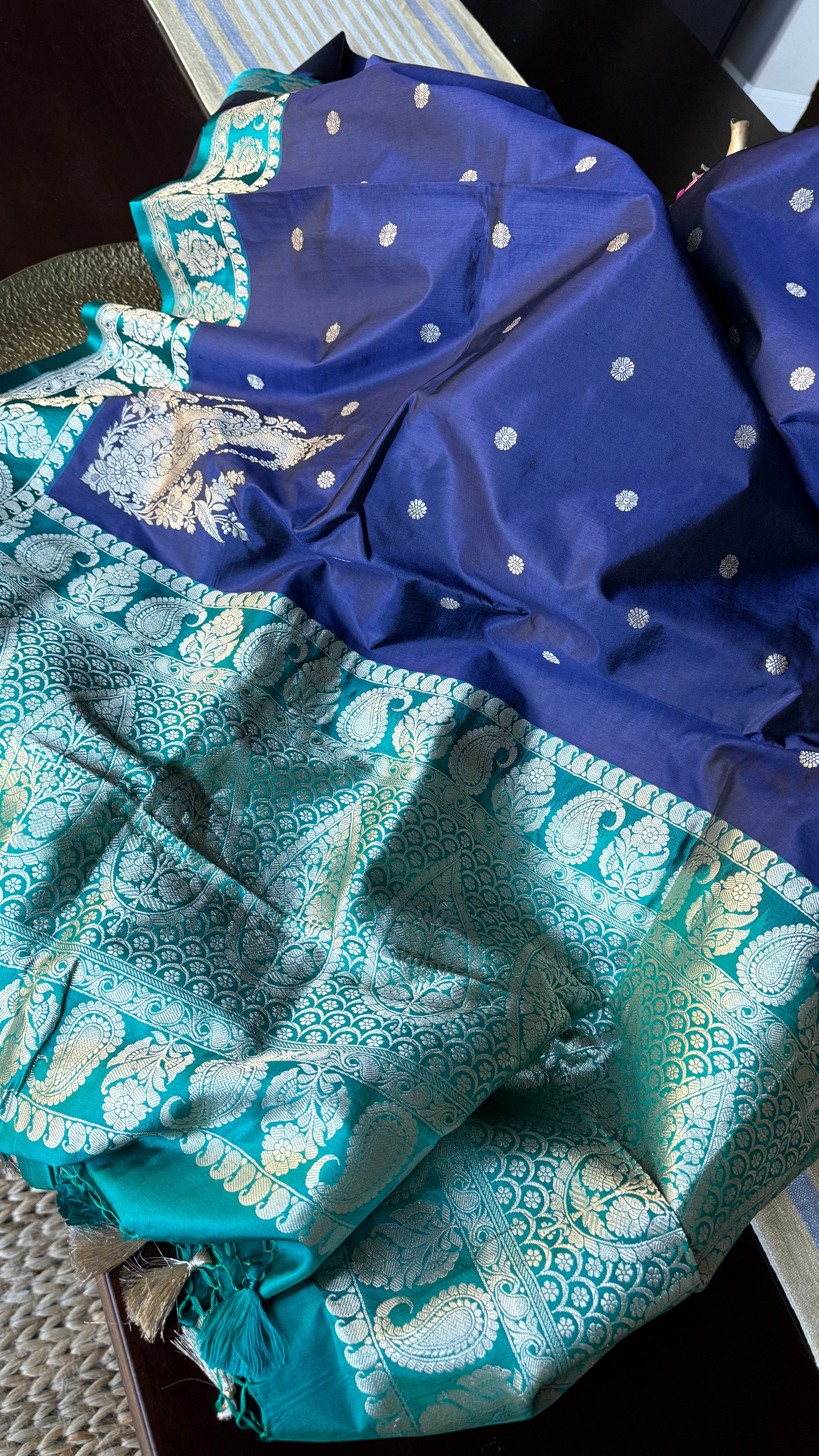 Pure Silk Katan Banarasi- Blue Sea green Kadhua