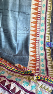 Pure Tussar Silk Kantha Stitch -  Grey Multi Color