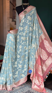 Khaddi Georgette Banarasi - Light Blue Peach