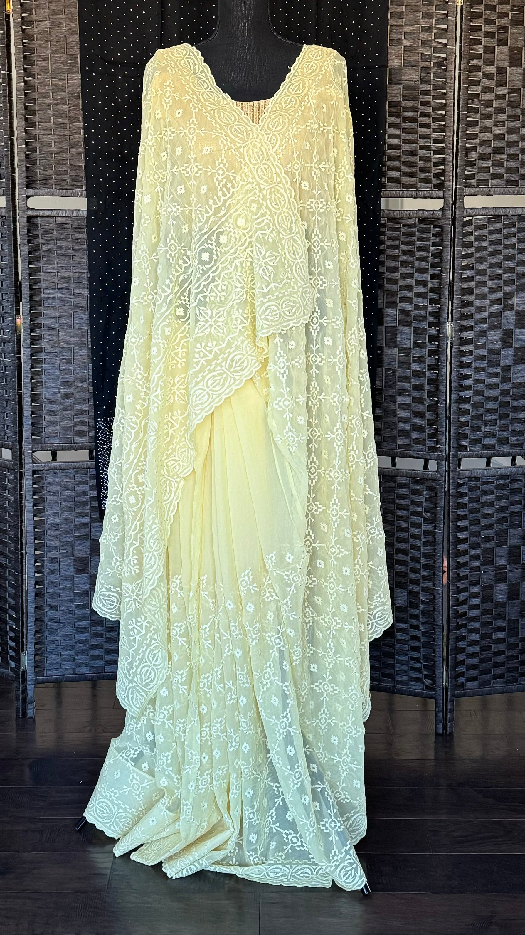 Designer Geogette Chikankari - Light Lemon Yellow