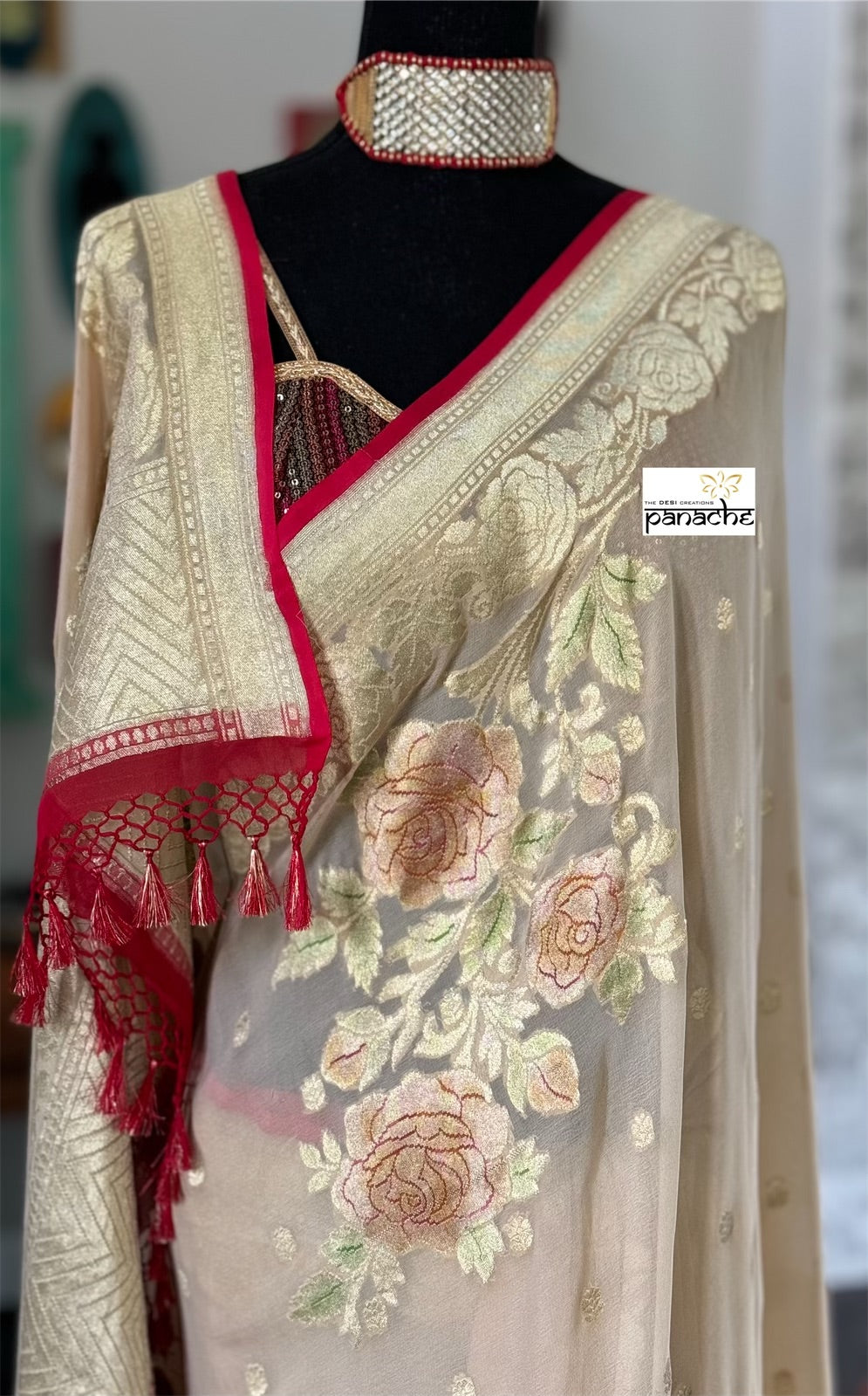 Khaddi Georgette Banarasi - Tan Beige Red