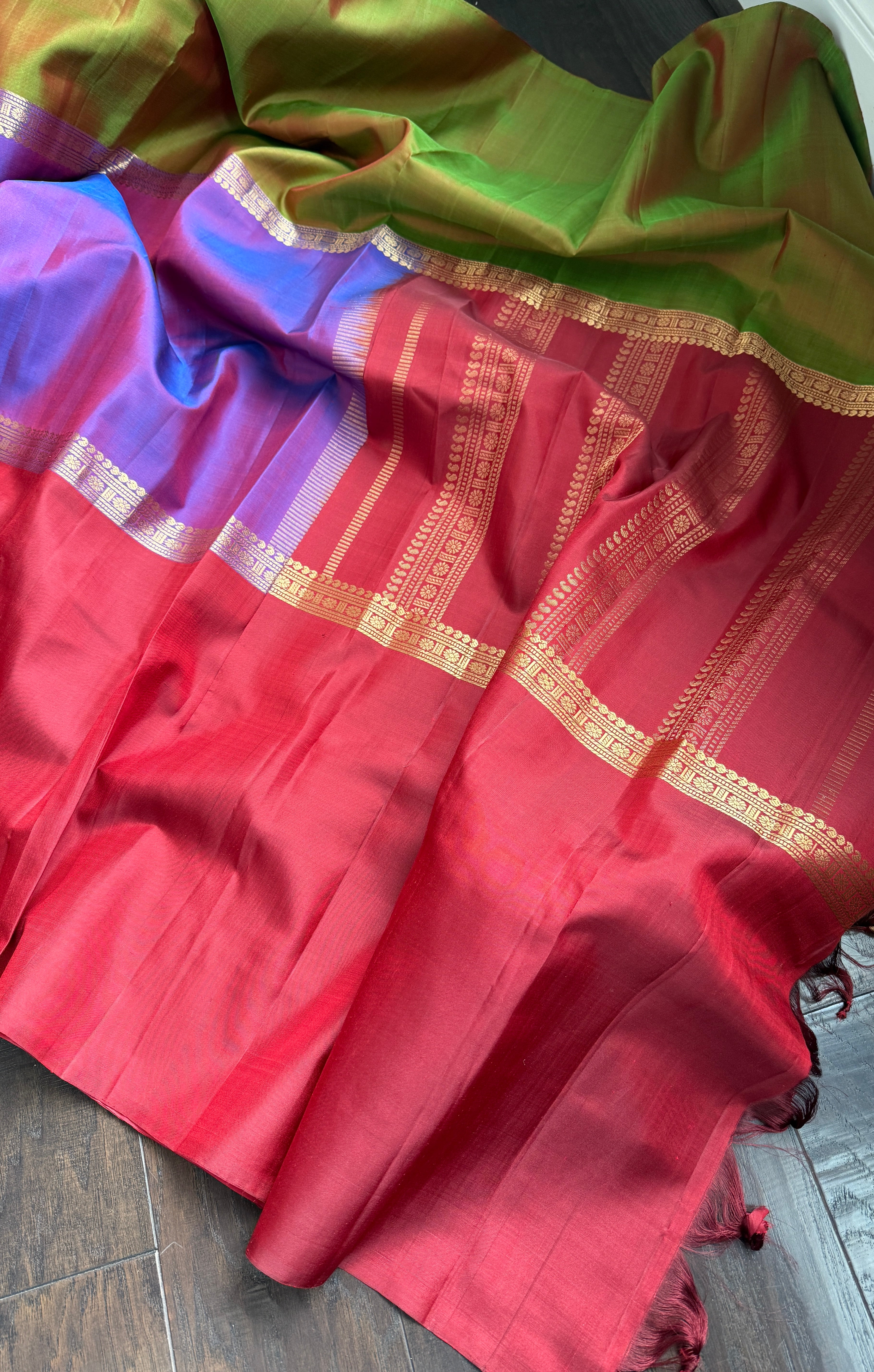 Pure Silk Mubbagam Kanjivaram - Red Green Purple Woven