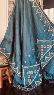 Pure Tussar Silk Gujrati Stitch -  Teal Blue Hand Embroidered