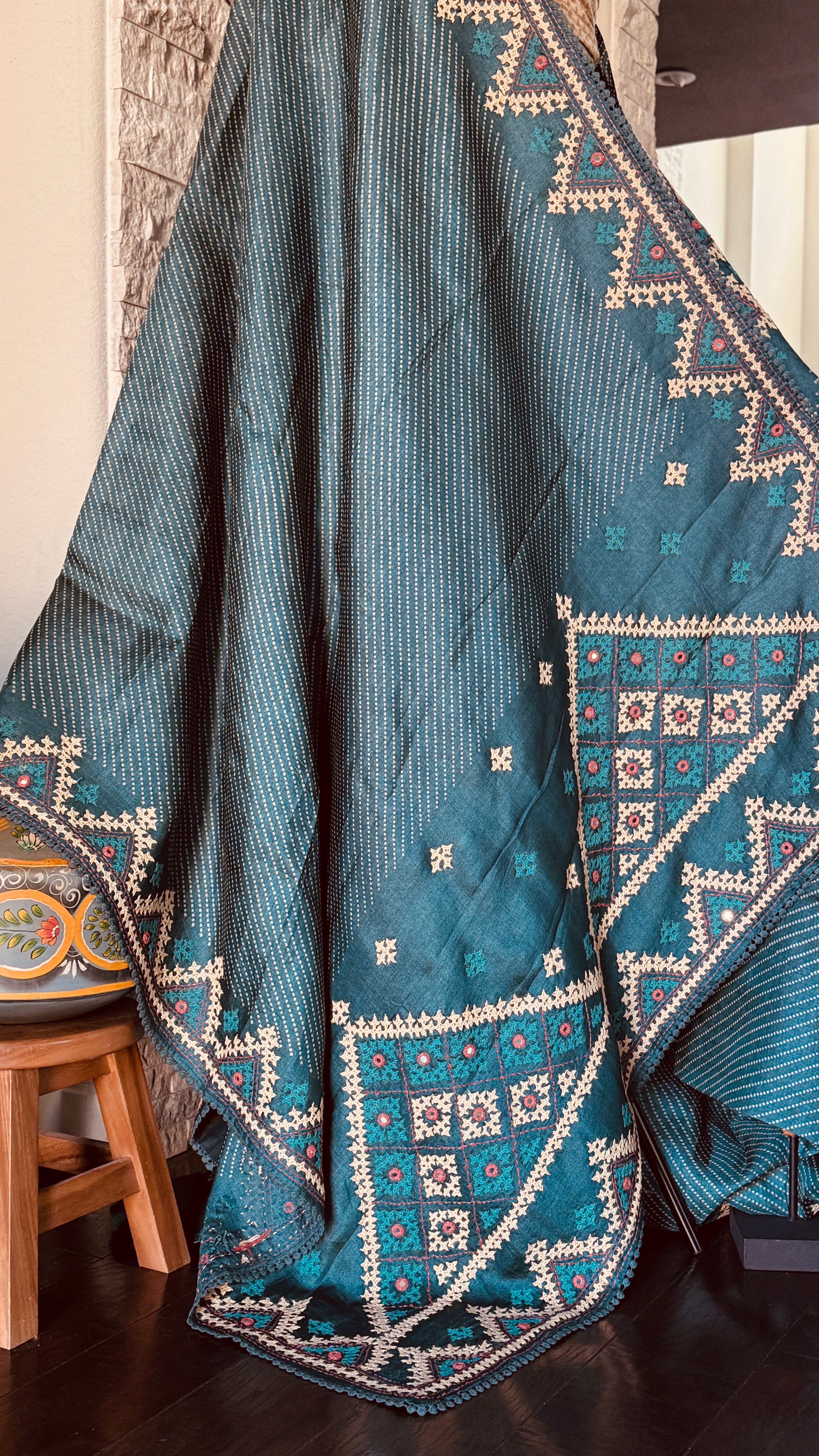 Pure Tussar Silk Gujrati Stitch -  Teal Blue Hand Embroidered