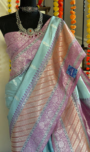 Pure Silk Katan Banarasi- Light Blue Kadhua Antique Silver Zari