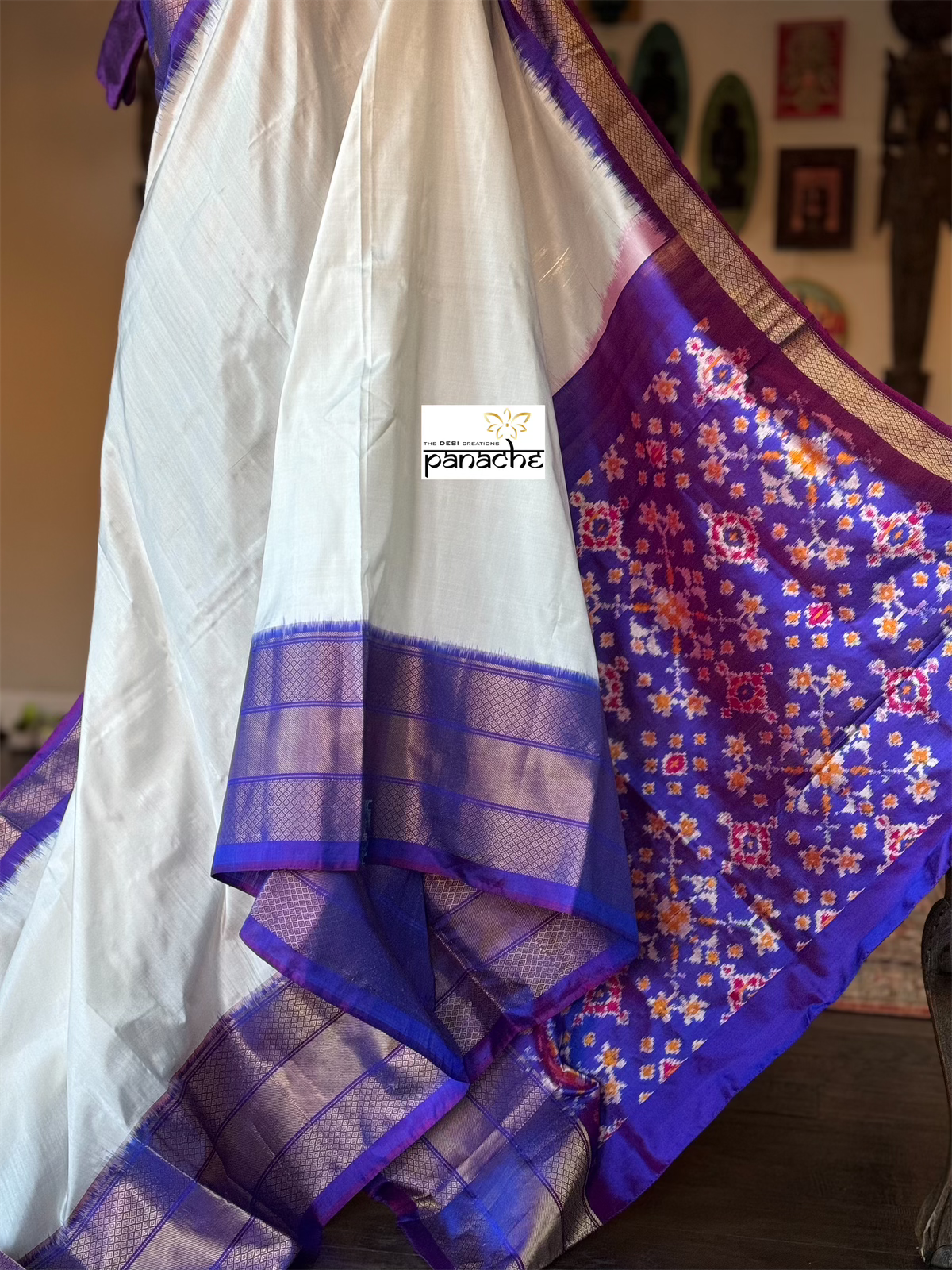 Pure Silk Ikat - White Purple Pochampally