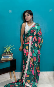 Designer Crepe Satin - Green Multi Color