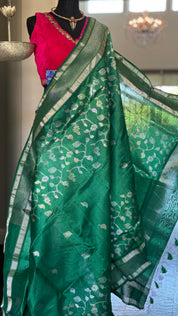 Pure Chanderi Silk - Green Silver Zari