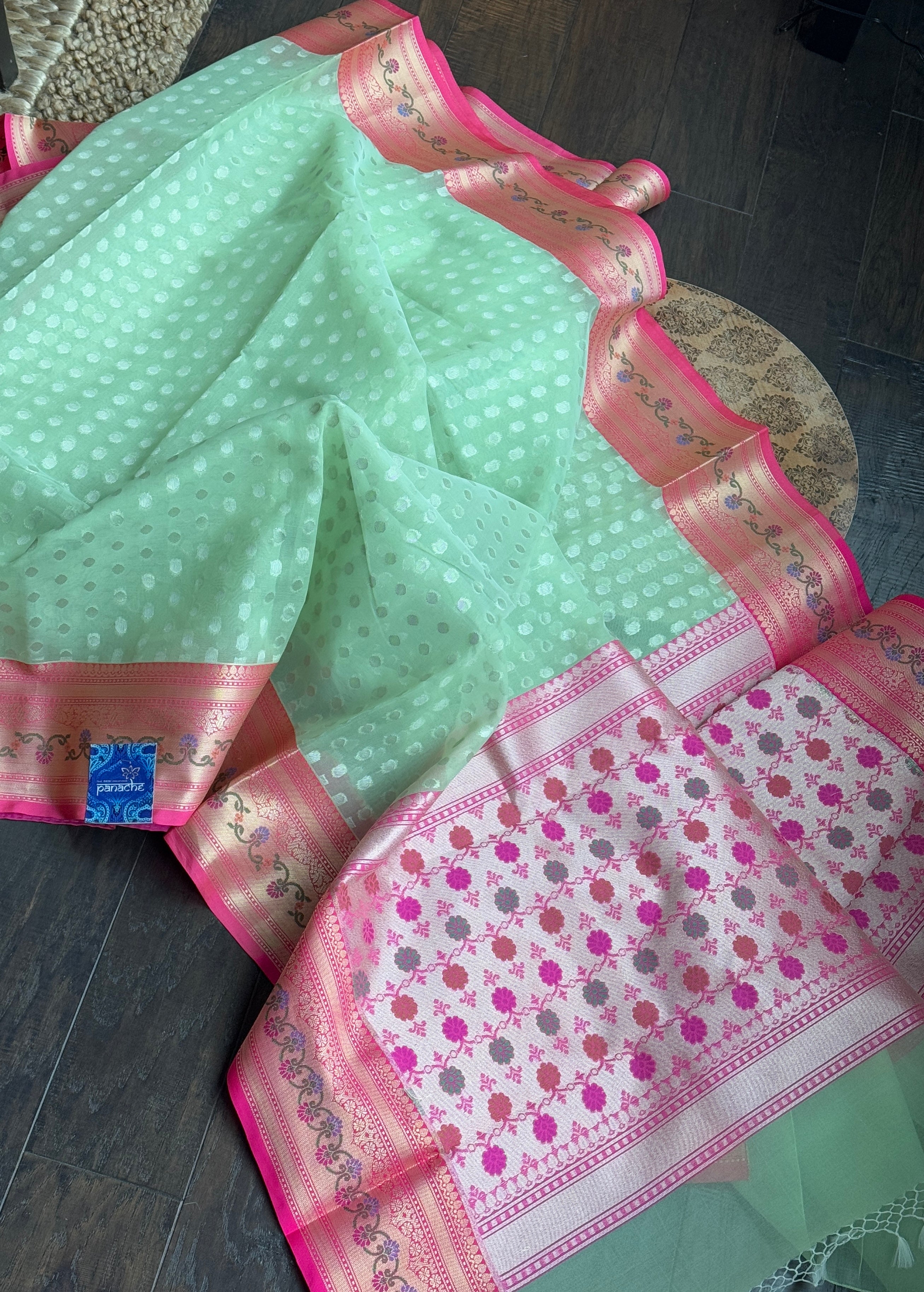 Kora Silk Banaras Chanderi - Pista  Green Paithani