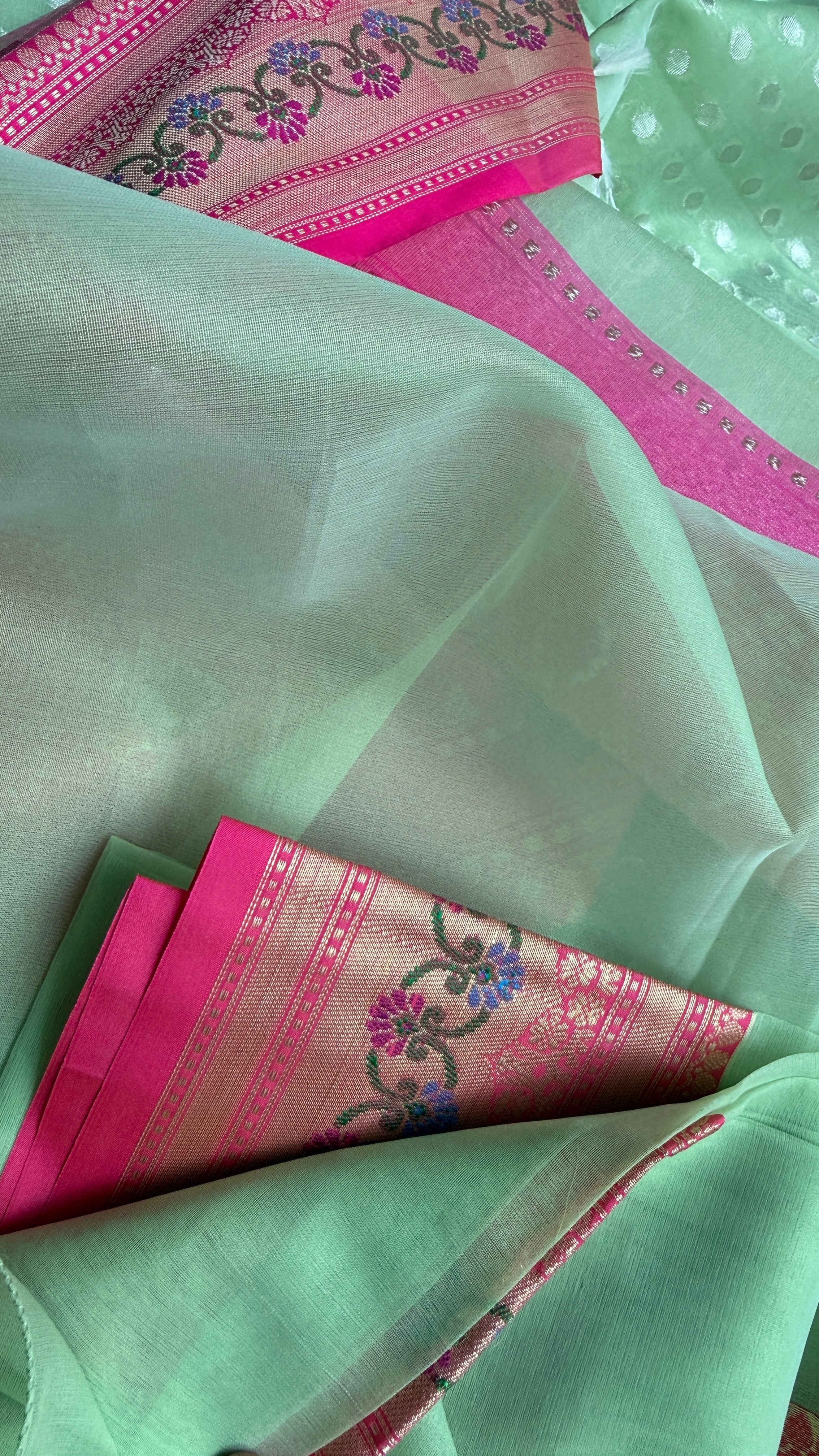 Kora Silk Banaras Chanderi - Pista  Green Paithani