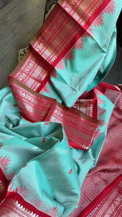 Pure Silk Gadwal - Light Blue Red Checkered