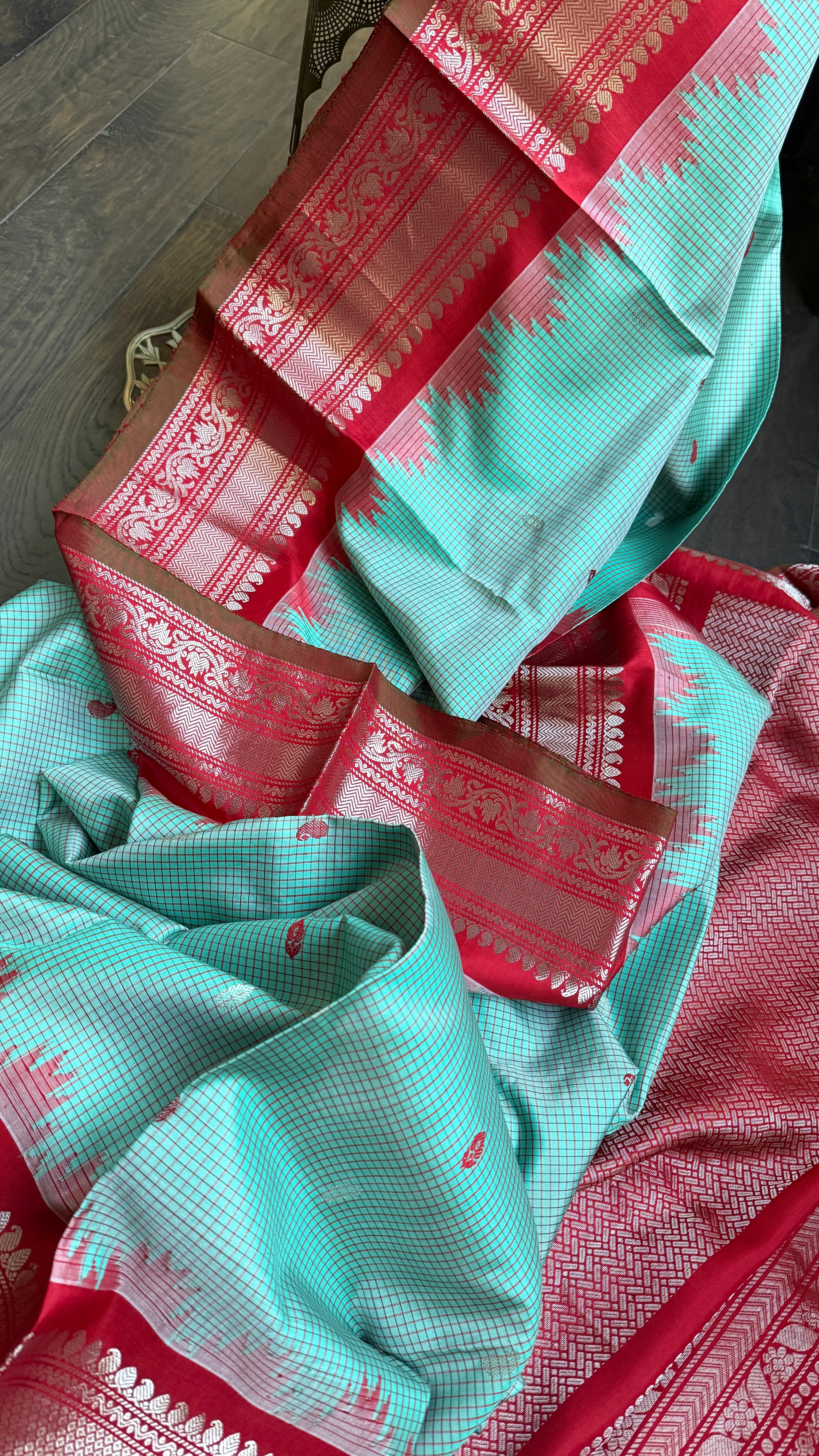 Pure Silk Gadwal - Light Blue Red Checkered