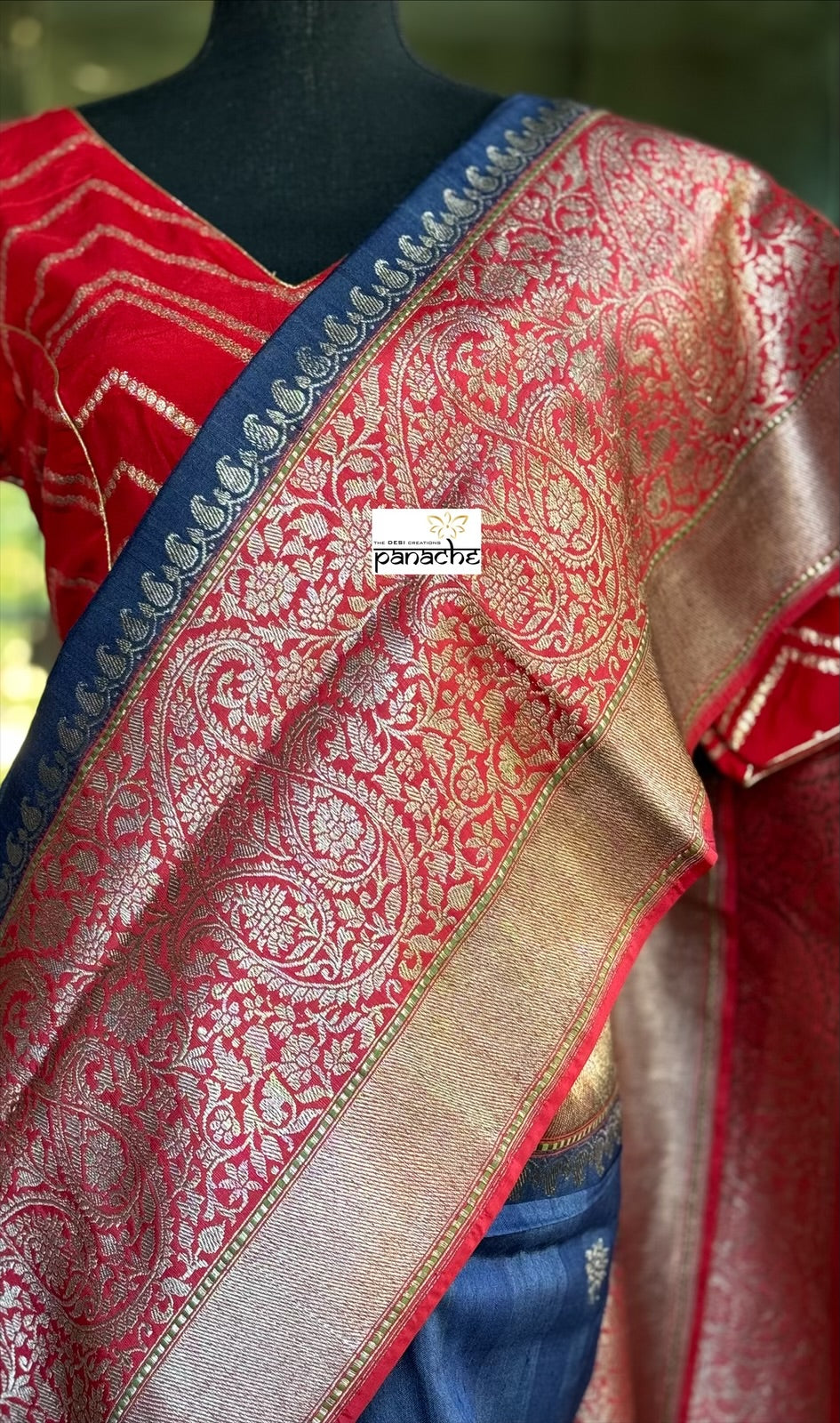 Pure Tassur by Katan Silk Banarasi - Navy Blue Red