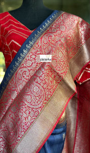 Pure Tassur by Katan Silk Banarasi - Navy Blue Red