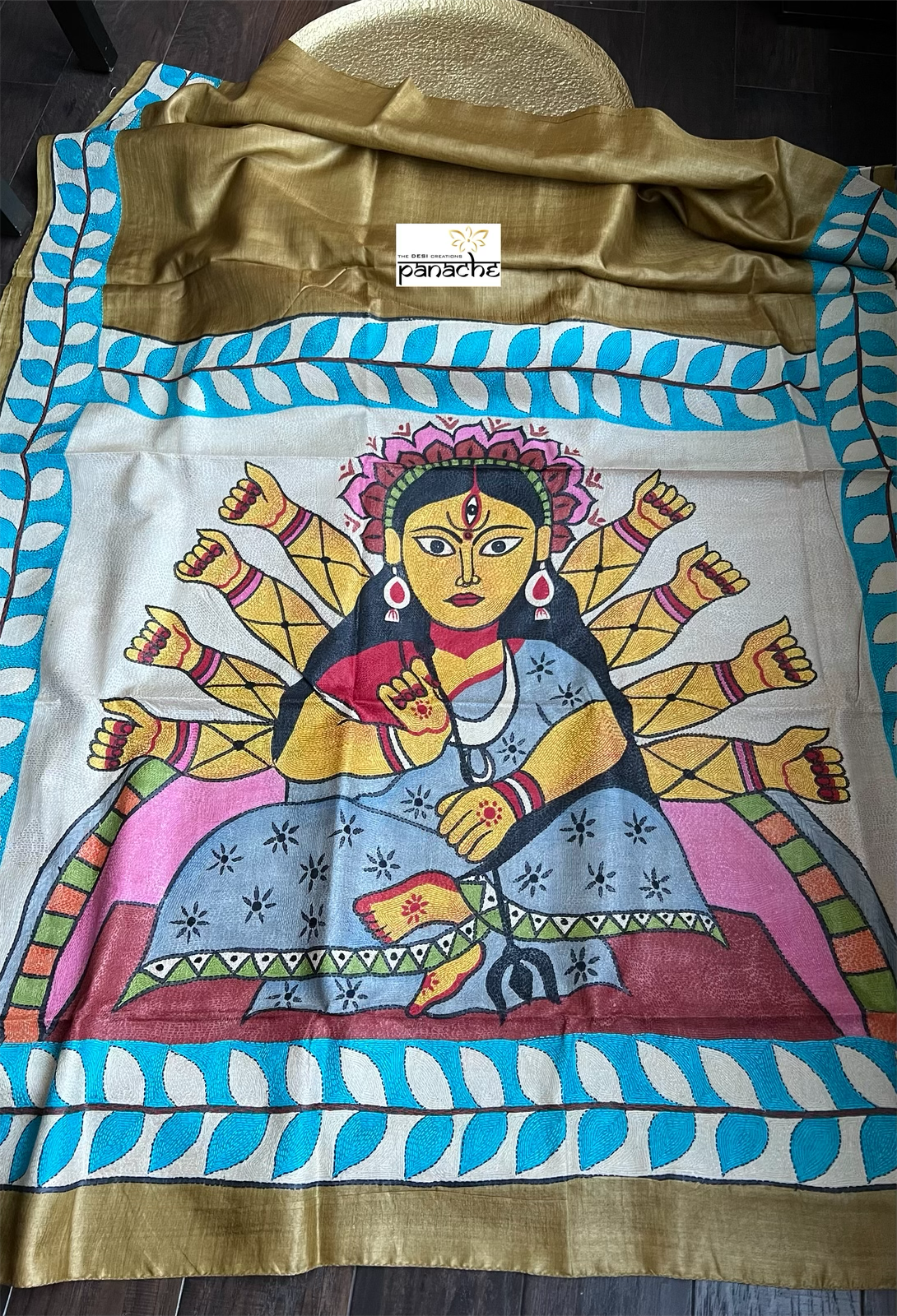 Pure Tussar Silk Sujni Kantha Stitch -  Moss Brown Ma Durga