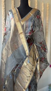 Organza Banarasi Floral - Light Grey Kadwa