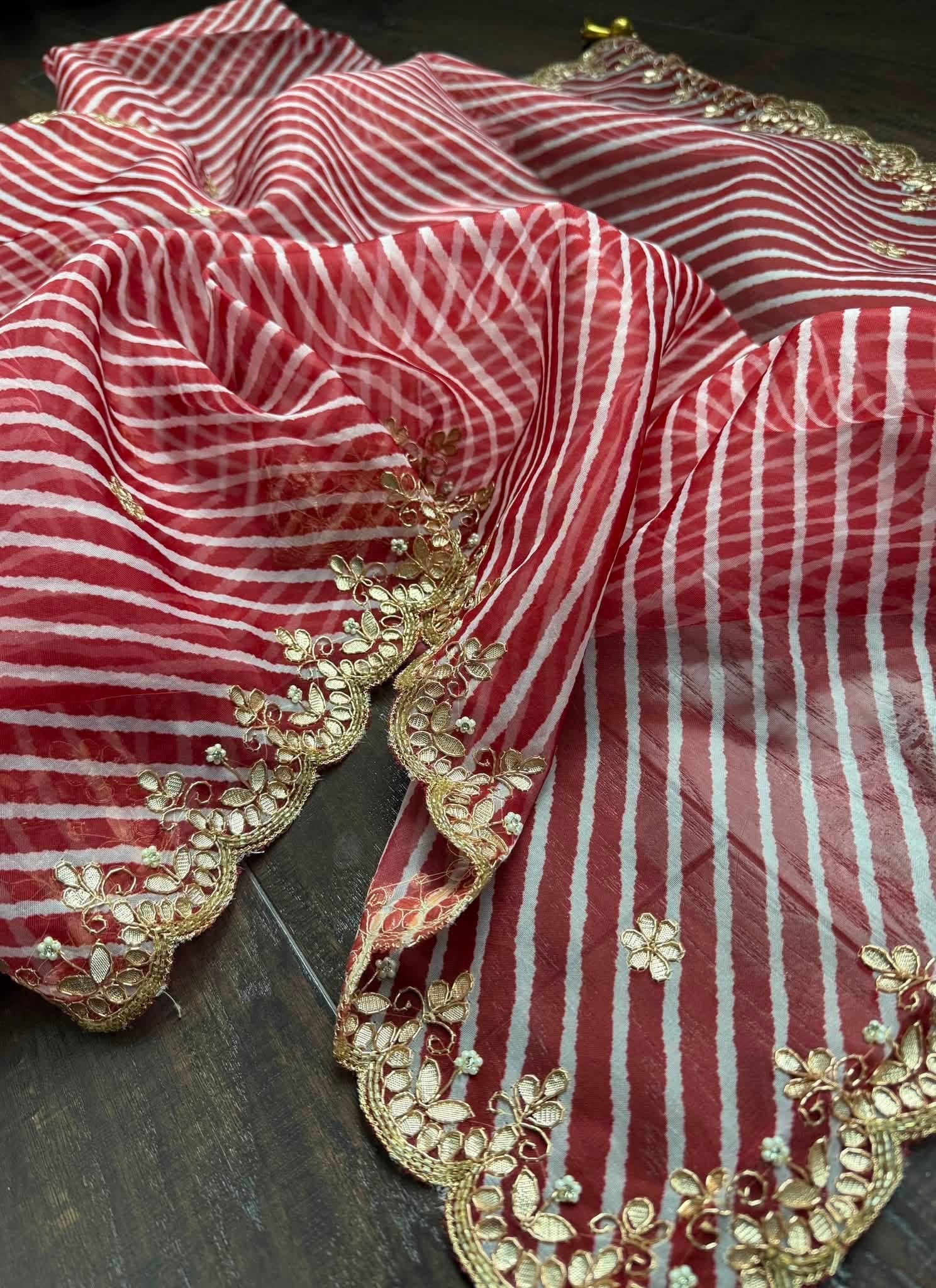 Designer Organza - Maroon White Leheriya
