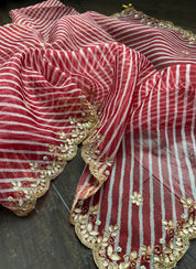 Designer Organza - Maroon White Leheriya