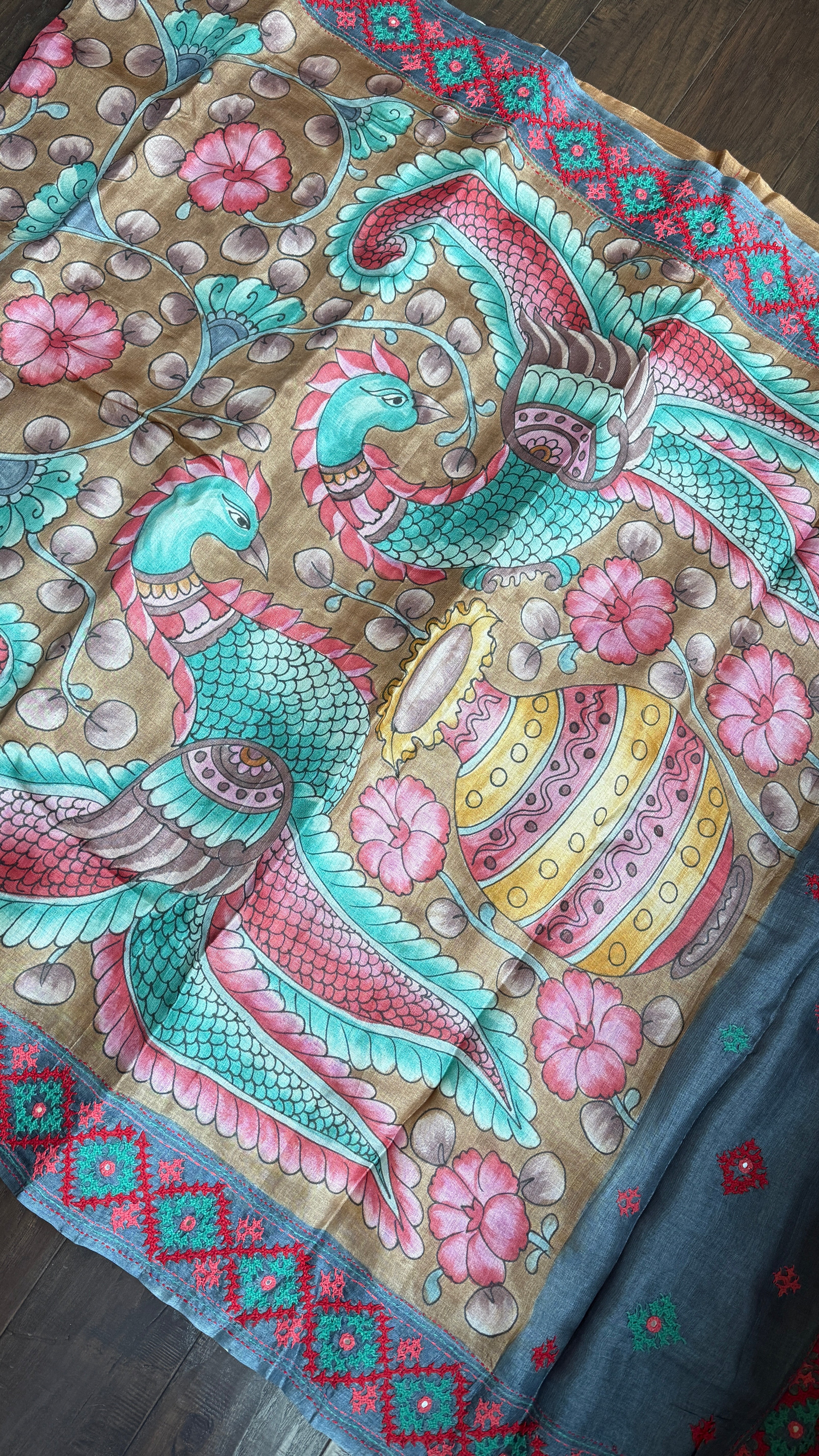 Tussar Silk Pen Kalamkari - Brown Hand Kutch Embroidered