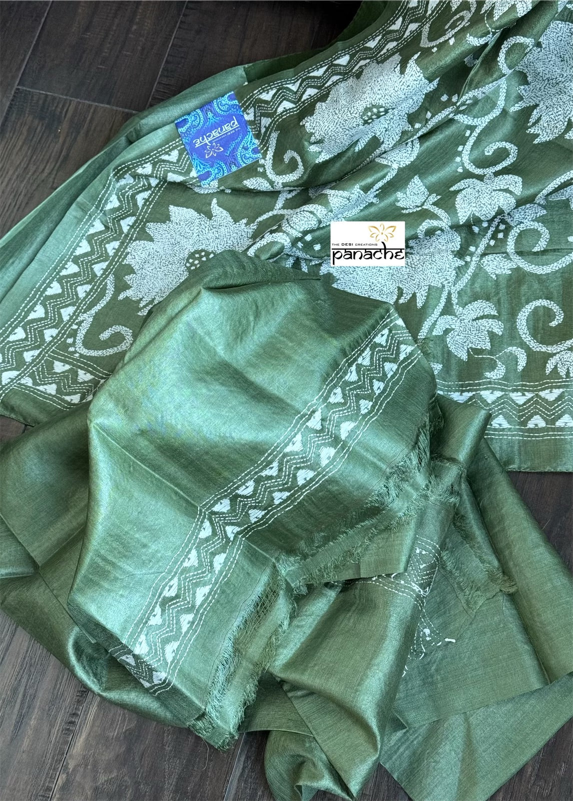 Pure Tussar Silk Kantha Stitch - Green