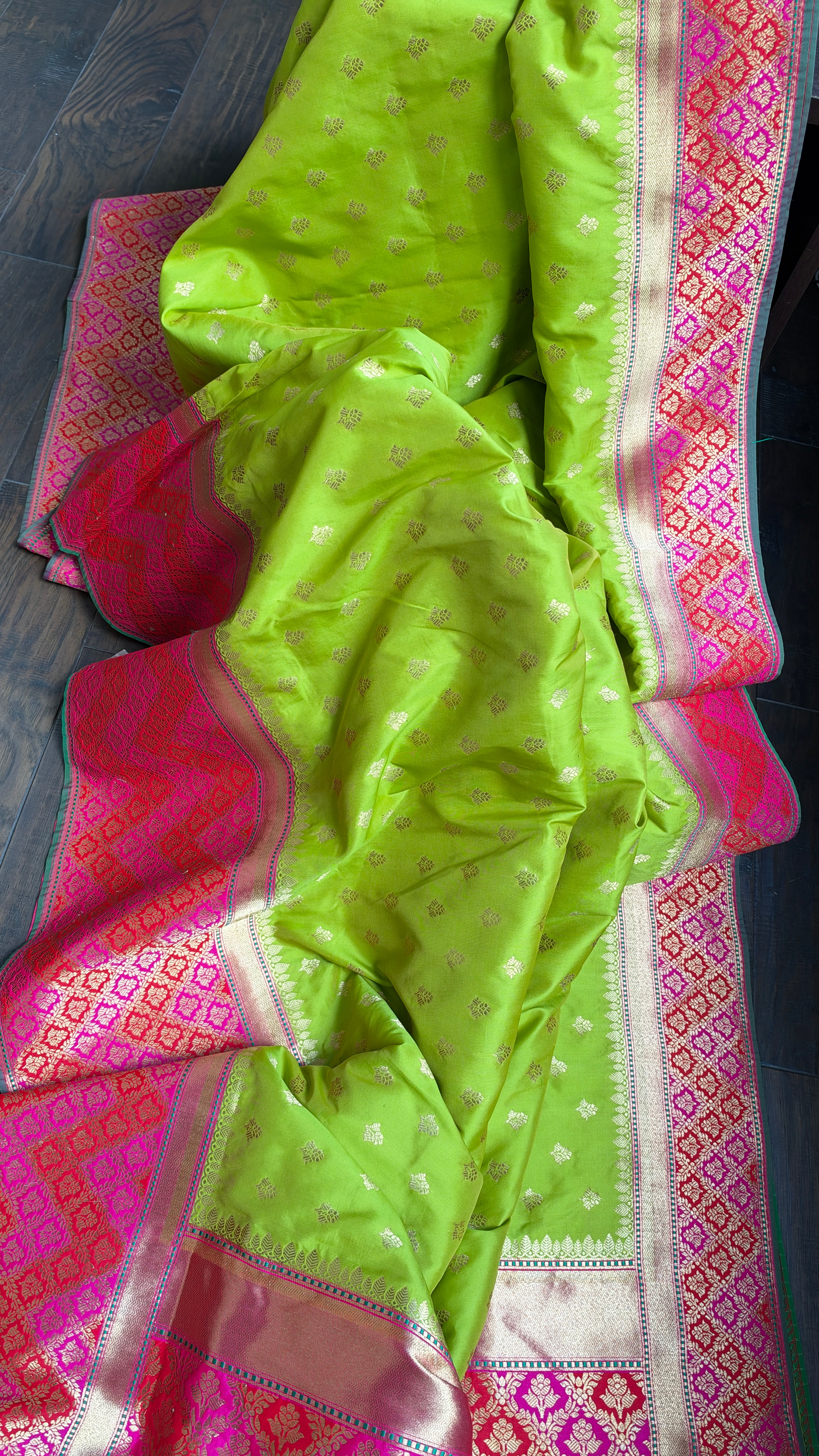 Soft Silk Banarasi - Lime Green Magenta Antique Golden Zari