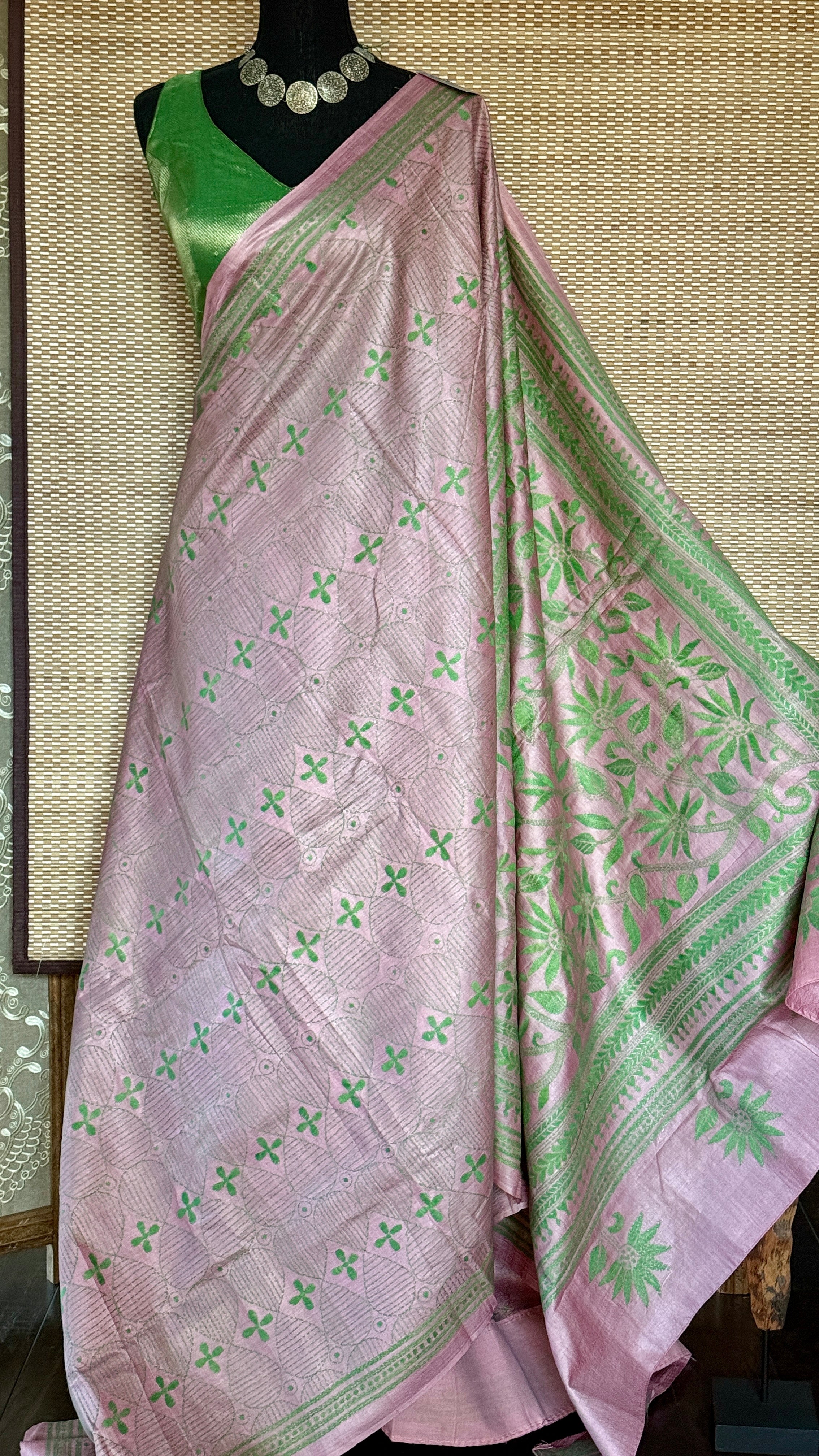 Pure Tussar Silk Kantha Stitch -  Light Pink Green