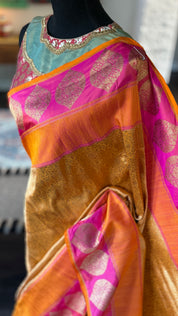 Pure Silk Brocade Banarasi - Mustard Yellow Orange Khadhua Woven
