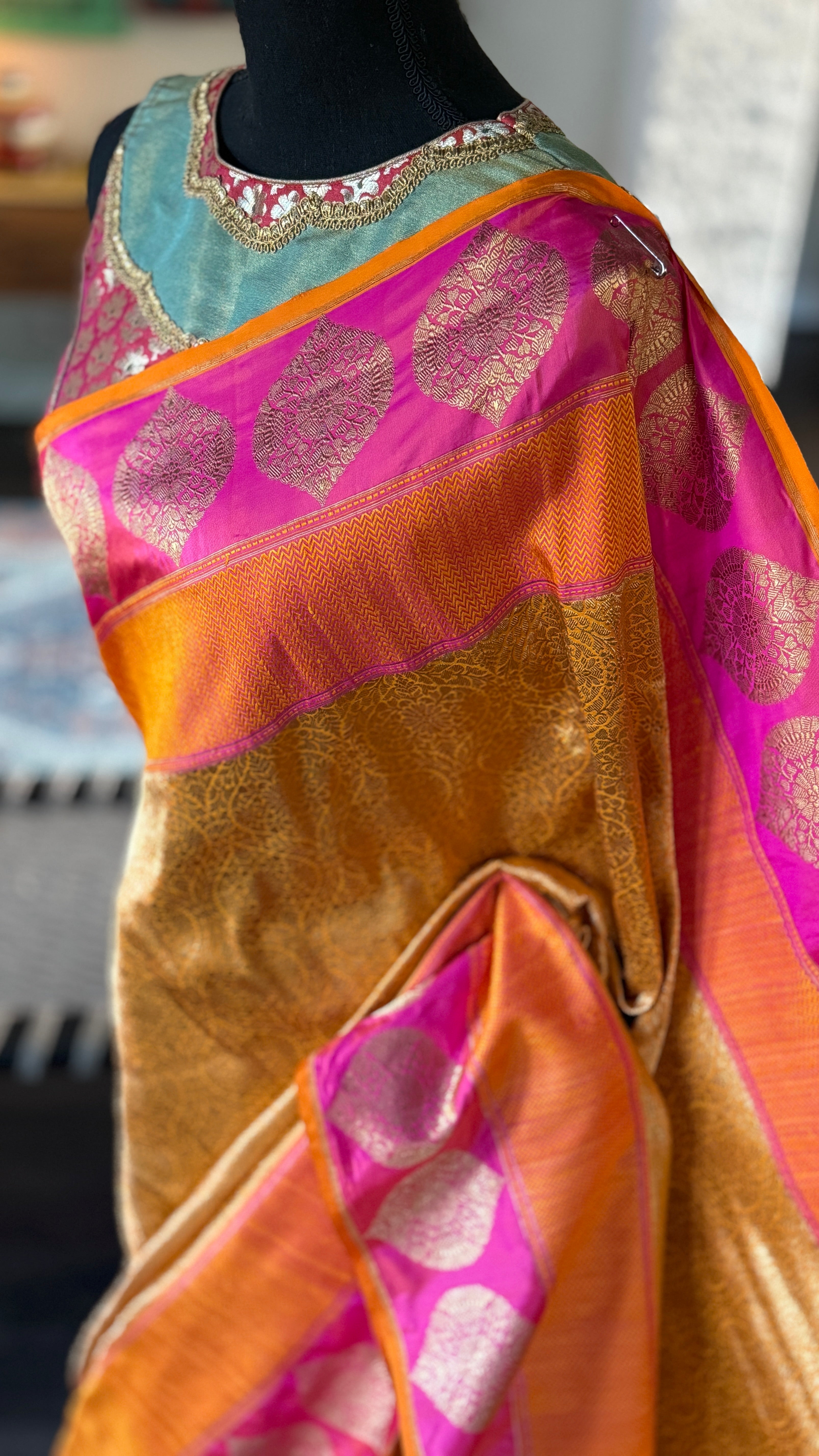 Pure Silk Brocade Banarasi - Mustard Yellow Orange Khadhua Woven