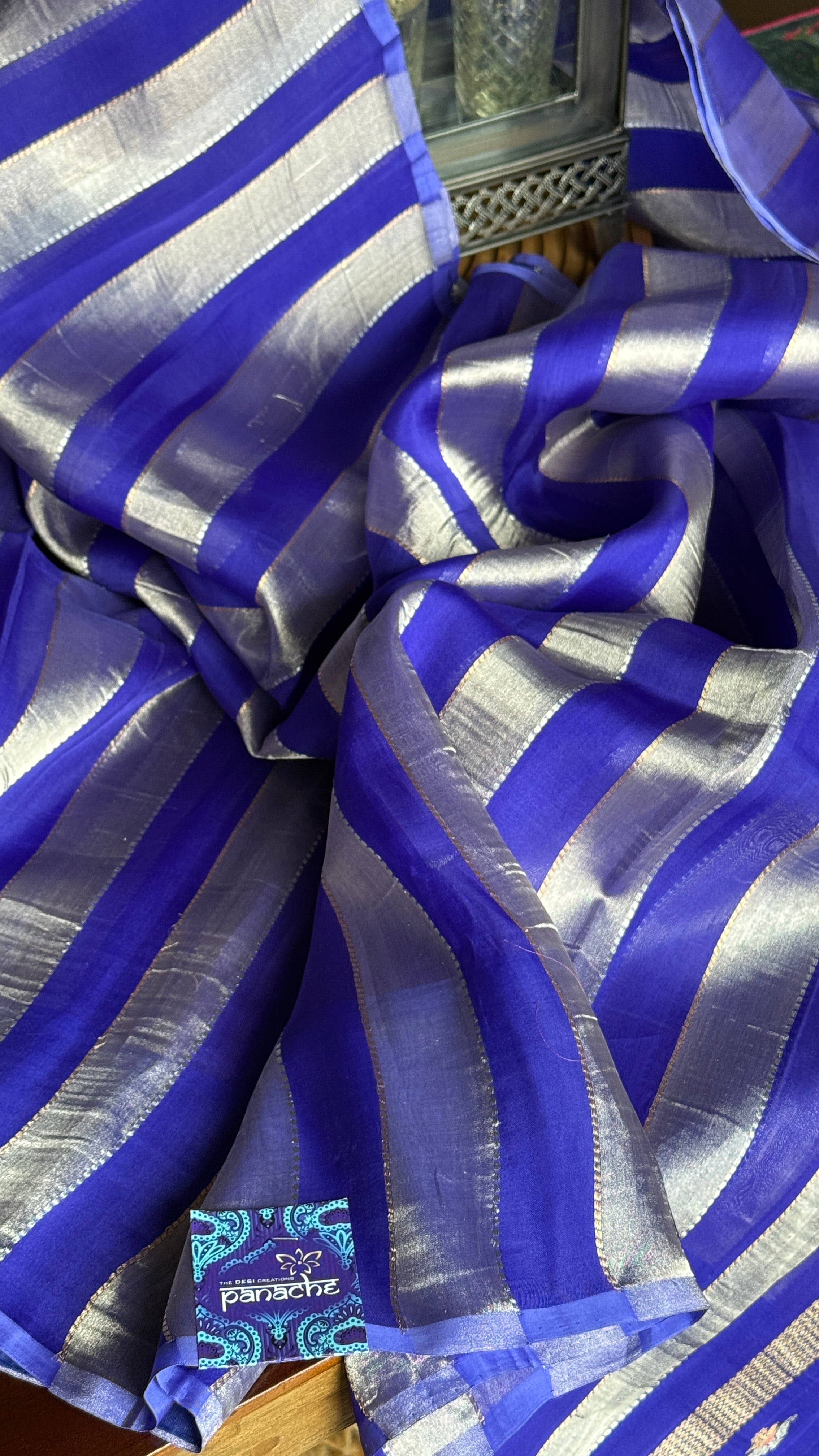 Kora Silk Banarasi - Purple Blue Striped
