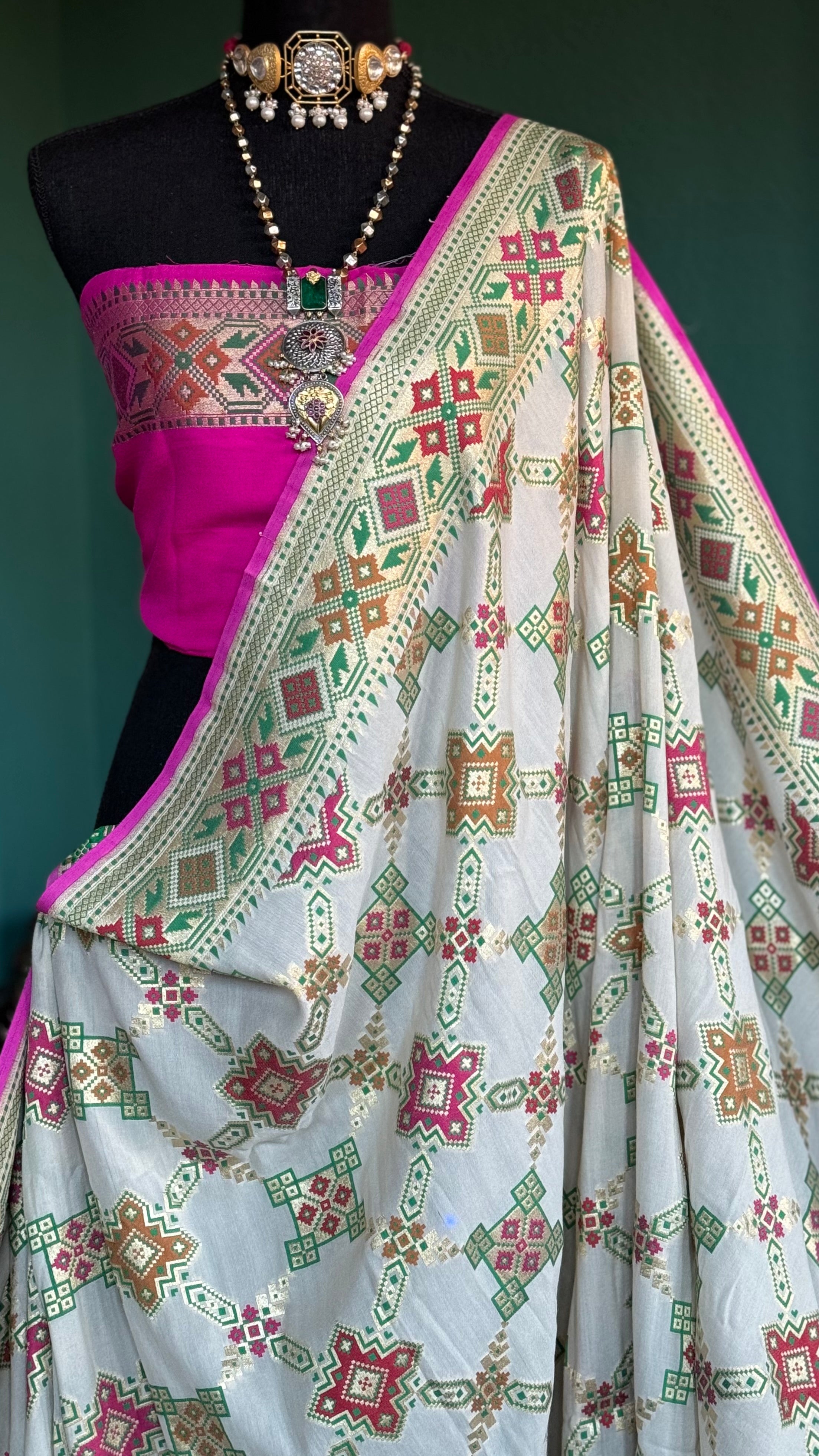 Khaddi Muga Silk Tilfi Banarasi - Beige Pink Patola Woven