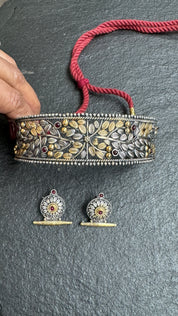 Temple Choker Earring Set 925 Silver - Dual tone Jaal Work