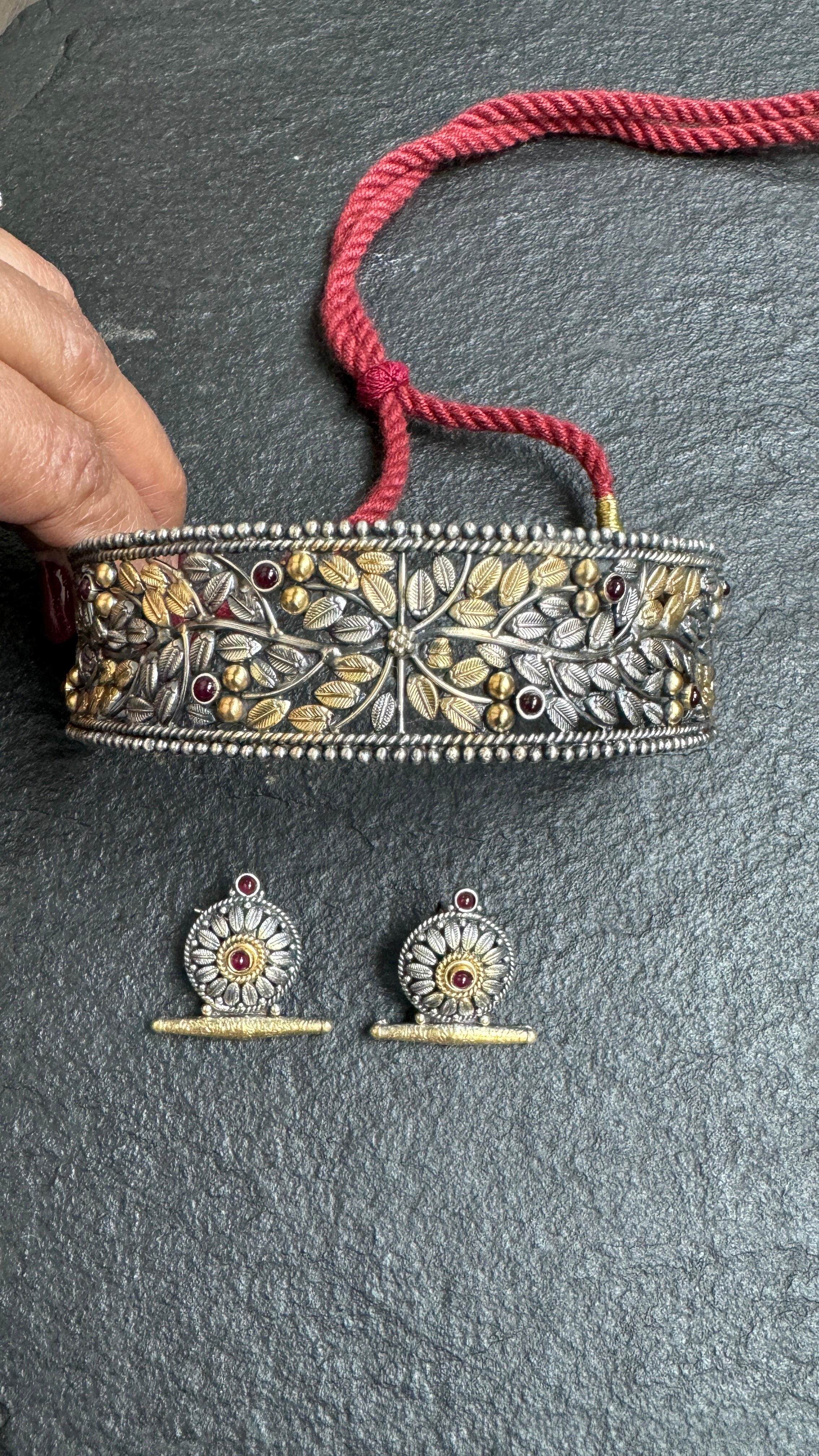 Temple Choker Earring Set 925 Silver - Dual tone Jaal Work
